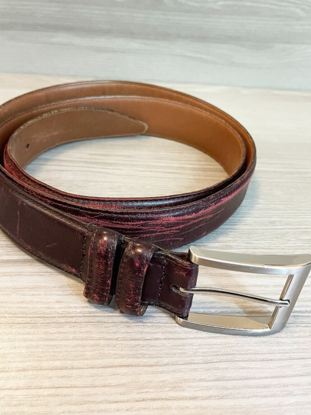 Allen Edmonds Burgundy Distressed Calfskin Leather Belt Size 46 Made in USA